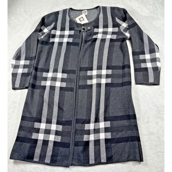 Anne Klein Sweaters - Anne Klein Womens L Black Plaid Long Open Cardigan Duster NWT with Buckle